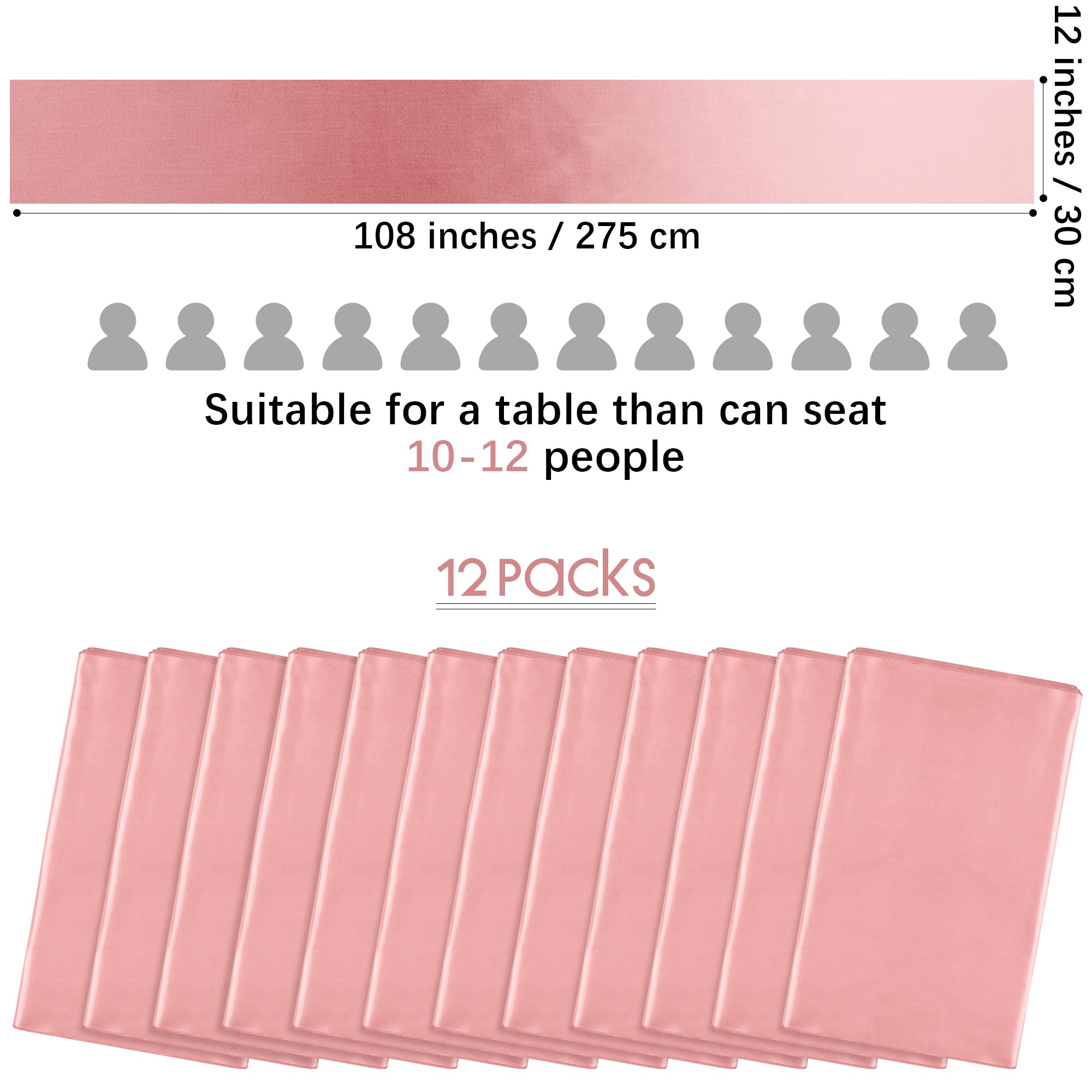 Aneco 12 Pack Satin Table Runner 12 X 108 Inch Rose Gold Long Wedding Satin Silk Table Runner For Wedding Banquet Graduations Bi